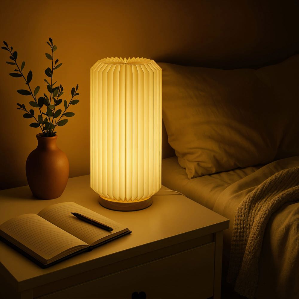 Coollux vouwbare papieren LED lamp Aurora Tall op houten voet, 32cm
